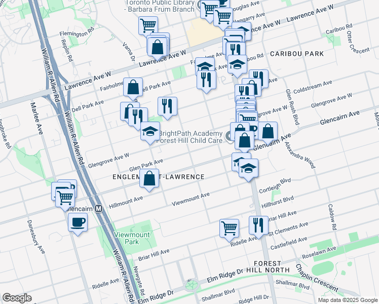 map of restaurants, bars, coffee shops, grocery stores, and more near Dalemount Avenue in Toronto