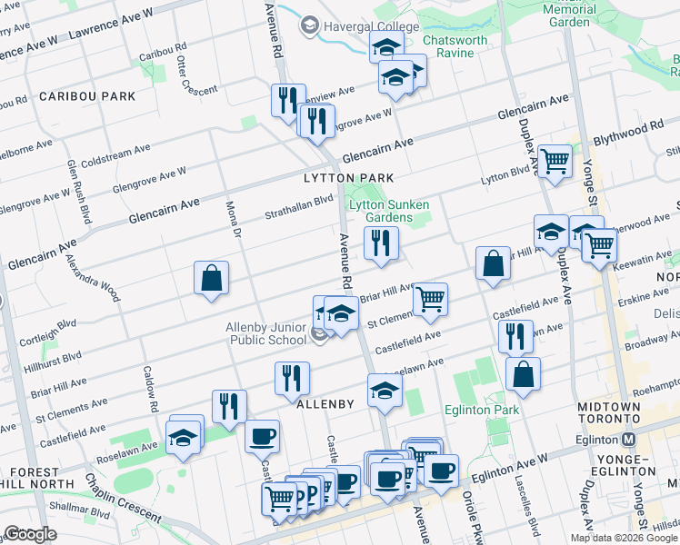 map of restaurants, bars, coffee shops, grocery stores, and more near 1177 Avenue Road in Toronto