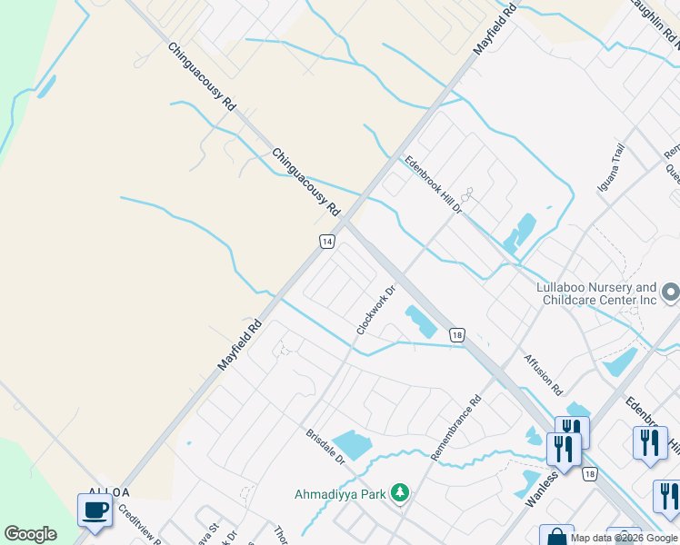 map of restaurants, bars, coffee shops, grocery stores, and more near 14 Labrish Road in Brampton