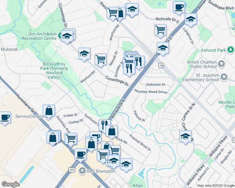 map of restaurants, bars, coffee shops, grocery stores, and more near 20 Burnley Place in Brampton
