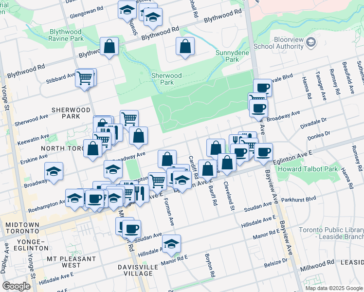 map of restaurants, bars, coffee shops, grocery stores, and more near 313 Broadway Avenue in Toronto