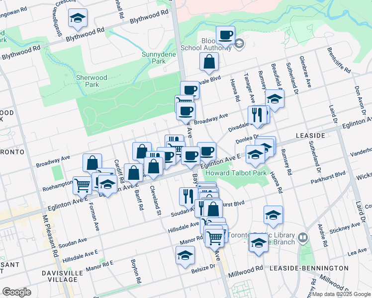 map of restaurants, bars, coffee shops, grocery stores, and more near 1802 Bayview Avenue in Toronto