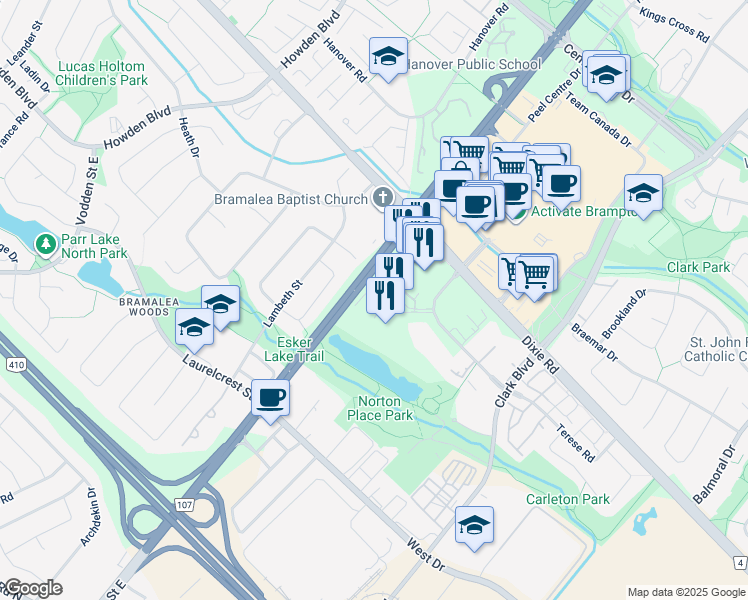 map of restaurants, bars, coffee shops, grocery stores, and more near 6 Silver Maple Court in Brampton