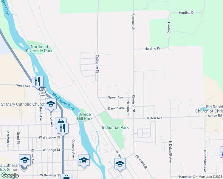 map of restaurants, bars, coffee shops, grocery stores, and more near 1102 Olaf Street in Big Rapids