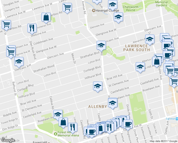 map of restaurants, bars, coffee shops, grocery stores, and more near 183 Cortleigh Boulevard in Toronto