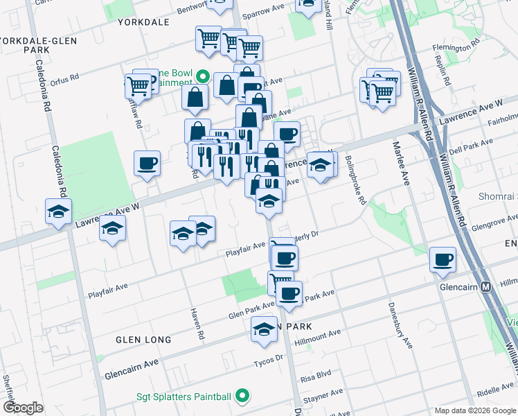 map of restaurants, bars, coffee shops, grocery stores, and more near 3022 Dufferin Street in Toronto