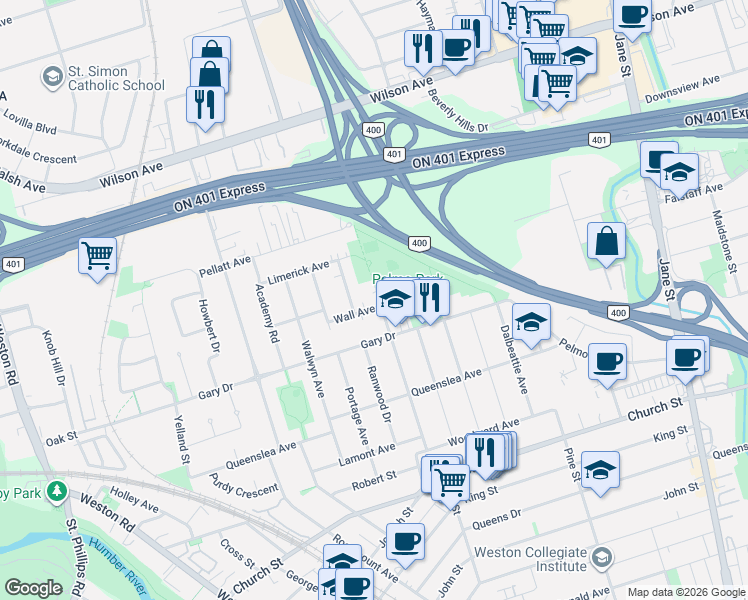 map of restaurants, bars, coffee shops, grocery stores, and more near 50 Wall Avenue in Toronto
