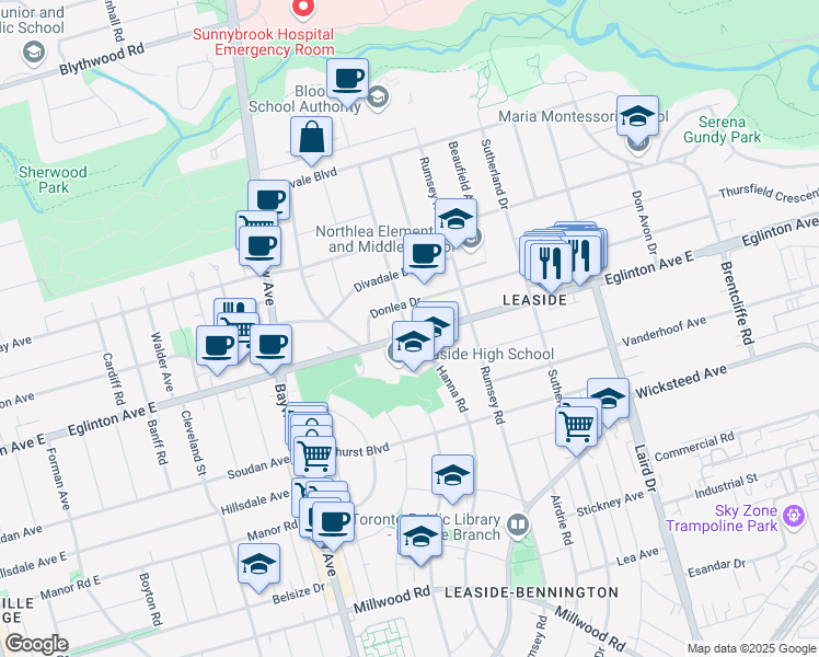map of restaurants, bars, coffee shops, grocery stores, and more near 30 Donlea Drive in Toronto