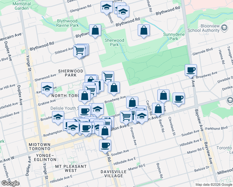 map of restaurants, bars, coffee shops, grocery stores, and more near 248 A Broadway Avenue in Toronto