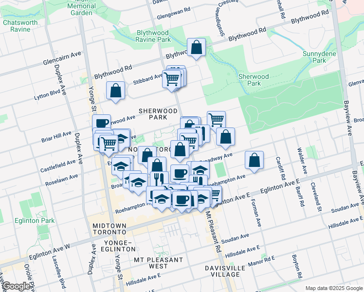 map of restaurants, bars, coffee shops, grocery stores, and more near in Toronto