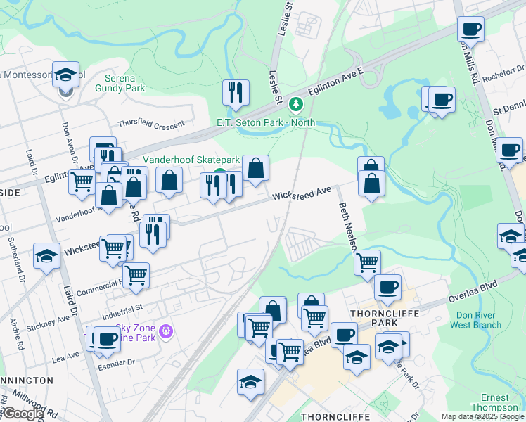 map of restaurants, bars, coffee shops, grocery stores, and more near 95 Research Road in Toronto