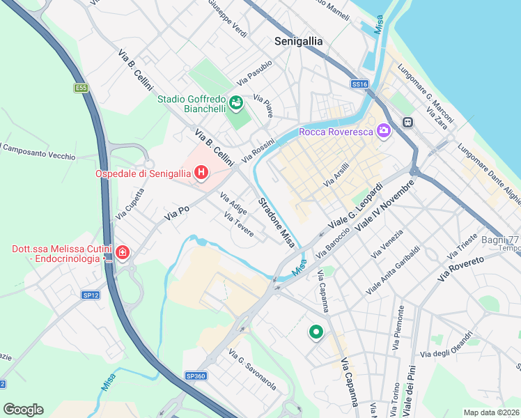 map of restaurants, bars, coffee shops, grocery stores, and more near 44 Stradone Misa in Senigallia