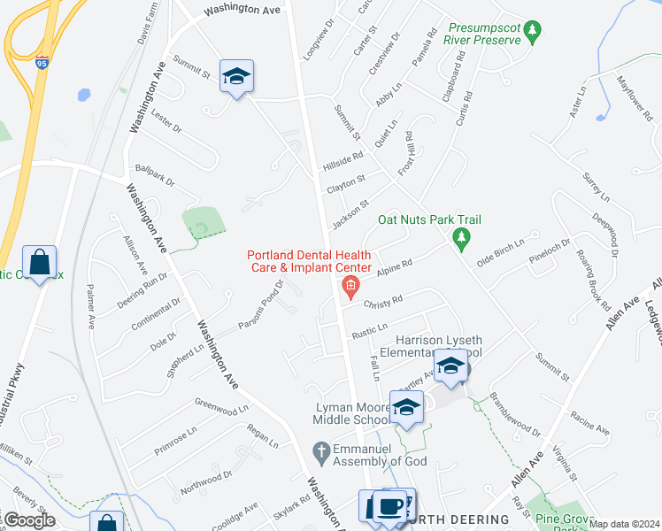 map of restaurants, bars, coffee shops, grocery stores, and more near Auburn Street in Portland