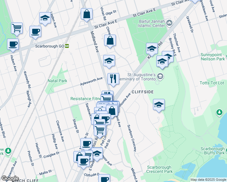 map of restaurants, bars, coffee shops, grocery stores, and more near 2550 Kingston Road in Toronto