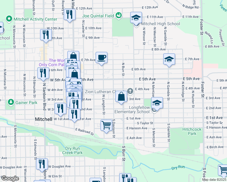 map of restaurants, bars, coffee shops, grocery stores, and more near 501 East 4th Avenue in Mitchell