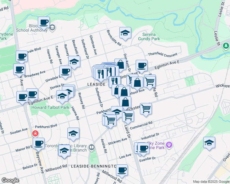 map of restaurants, bars, coffee shops, grocery stores, and more near 220 Laird Drive in Toronto