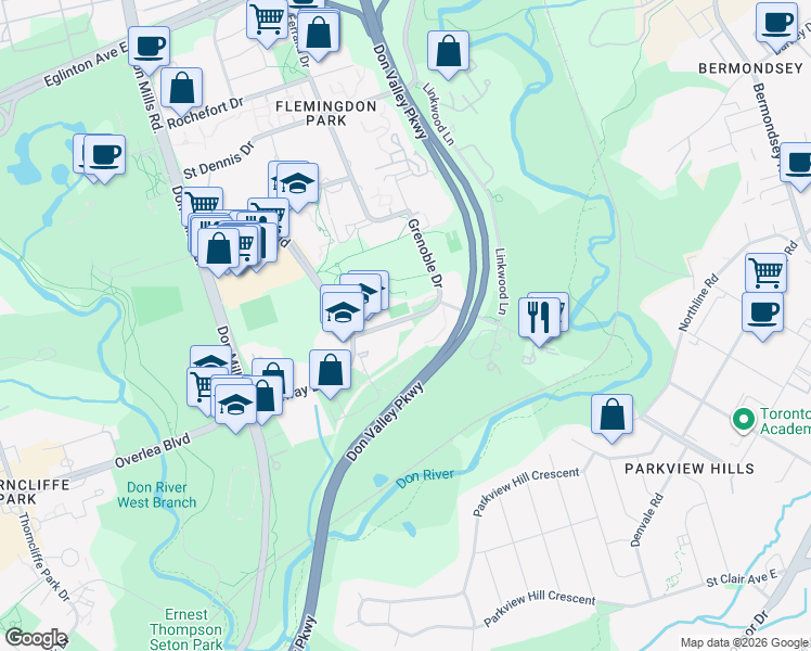 map of restaurants, bars, coffee shops, grocery stores, and more near 155 Leeward Glenway in Toronto