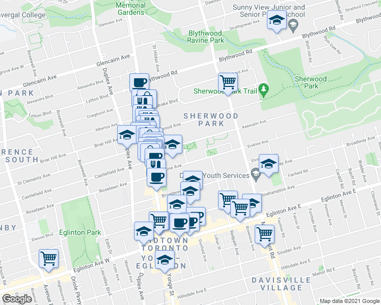 map of restaurants, bars, coffee shops, grocery stores, and more near 88 Erskine Avenue in Toronto