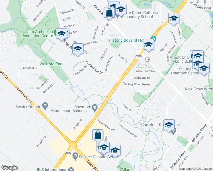 map of restaurants, bars, coffee shops, grocery stores, and more near 18 Burnley Place in Brampton