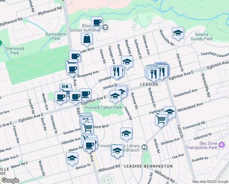 map of restaurants, bars, coffee shops, grocery stores, and more near 30 Donlea Drive in Toronto
