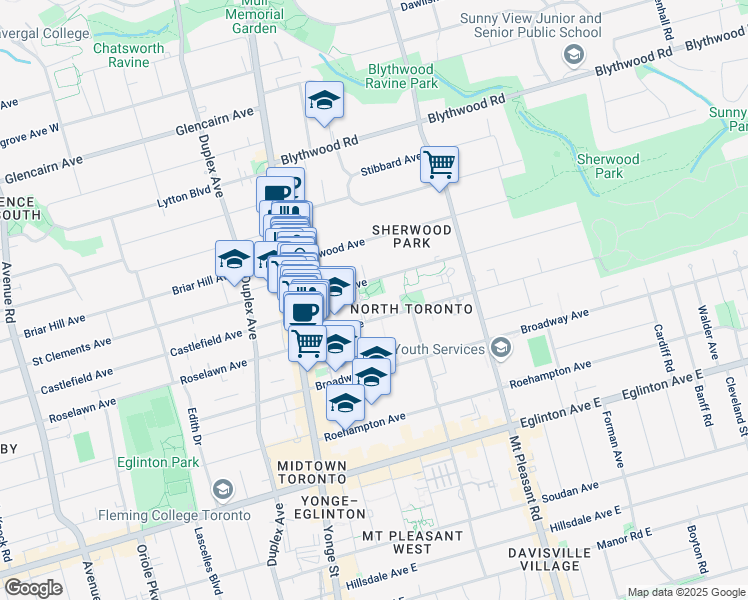 map of restaurants, bars, coffee shops, grocery stores, and more near 88 Erskine Avenue in Toronto