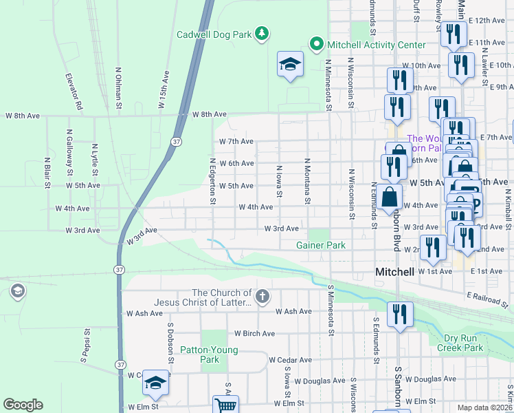 map of restaurants, bars, coffee shops, grocery stores, and more near 401 North Isadore Street in Mitchell