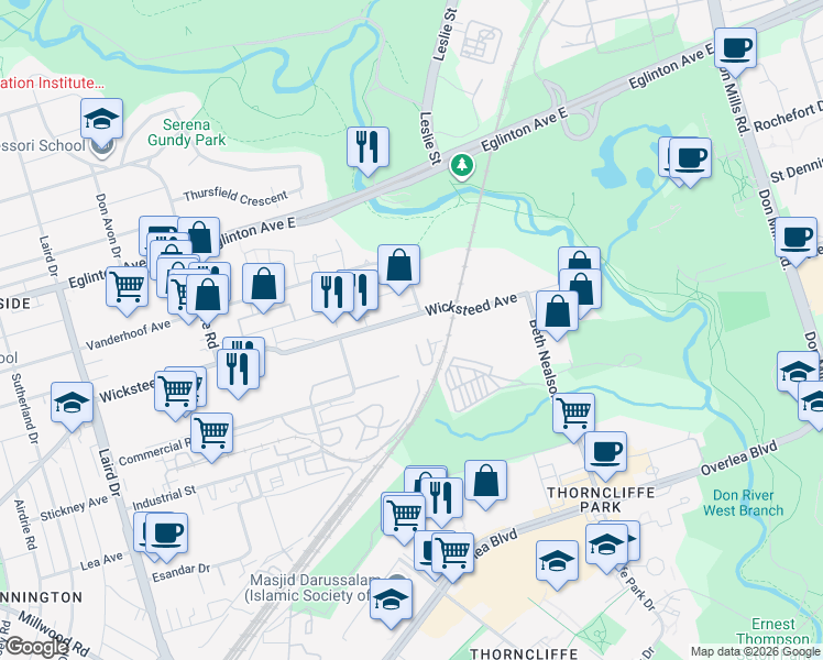 map of restaurants, bars, coffee shops, grocery stores, and more near 201 Wicksteed Avenue in Toronto