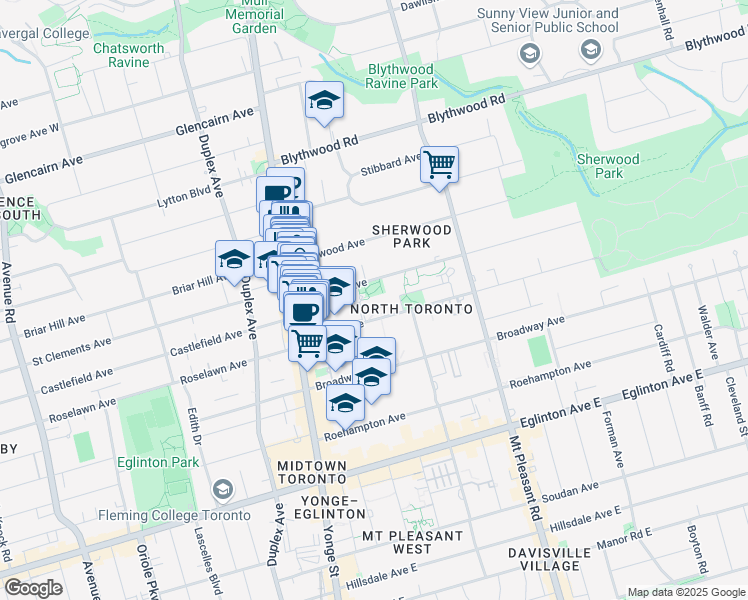 map of restaurants, bars, coffee shops, grocery stores, and more near 88 Erskine Avenue in Toronto