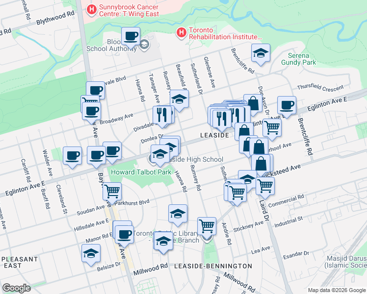 map of restaurants, bars, coffee shops, grocery stores, and more near in Toronto