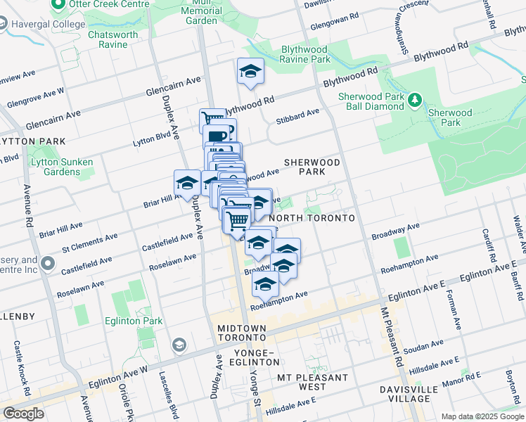 map of restaurants, bars, coffee shops, grocery stores, and more near in Toronto
