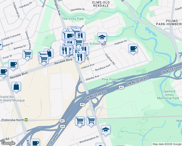 map of restaurants, bars, coffee shops, grocery stores, and more near in Toronto