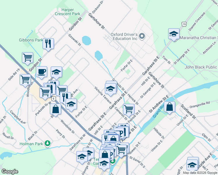 map of restaurants, bars, coffee shops, grocery stores, and more near 370 Forfar Street East in Fergus