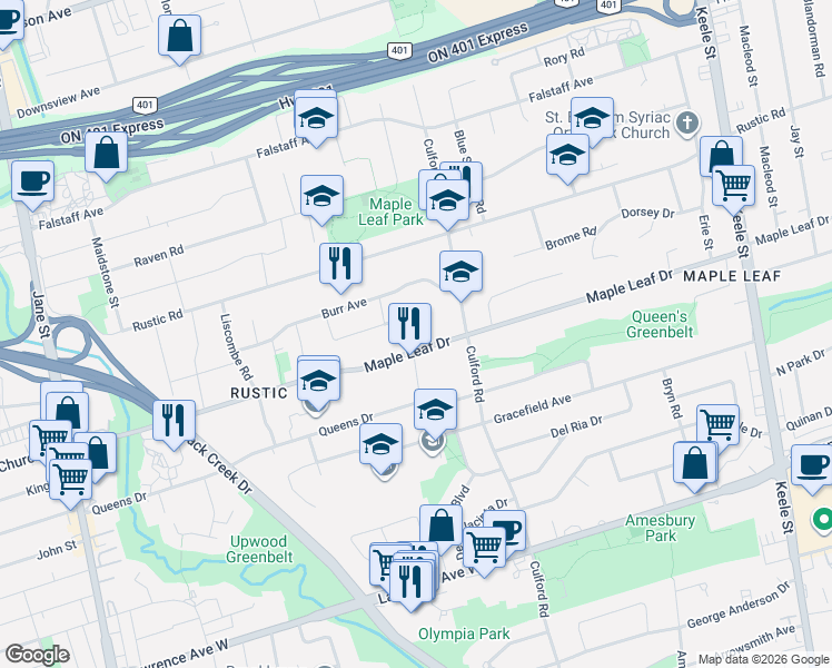 map of restaurants, bars, coffee shops, grocery stores, and more near in Toronto