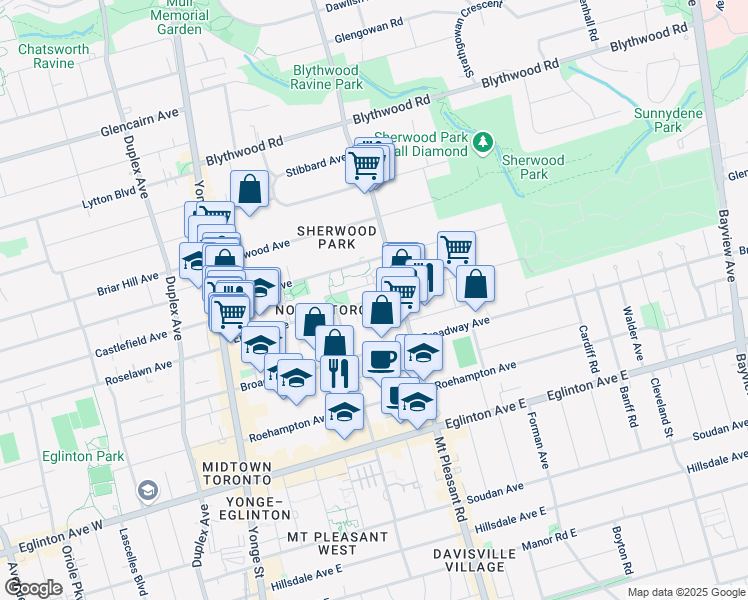 map of restaurants, bars, coffee shops, grocery stores, and more near Erskine Avenue in Toronto