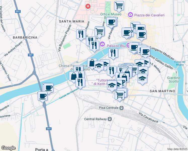 map of restaurants, bars, coffee shops, grocery stores, and more near 2 Piazza San Paolo a Ripa D'Arno in Pisa