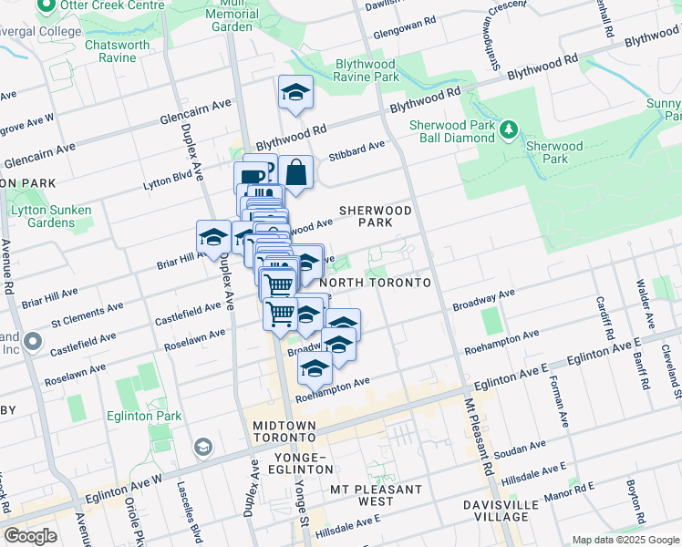 map of restaurants, bars, coffee shops, grocery stores, and more near 88 Erskine Avenue in Toronto