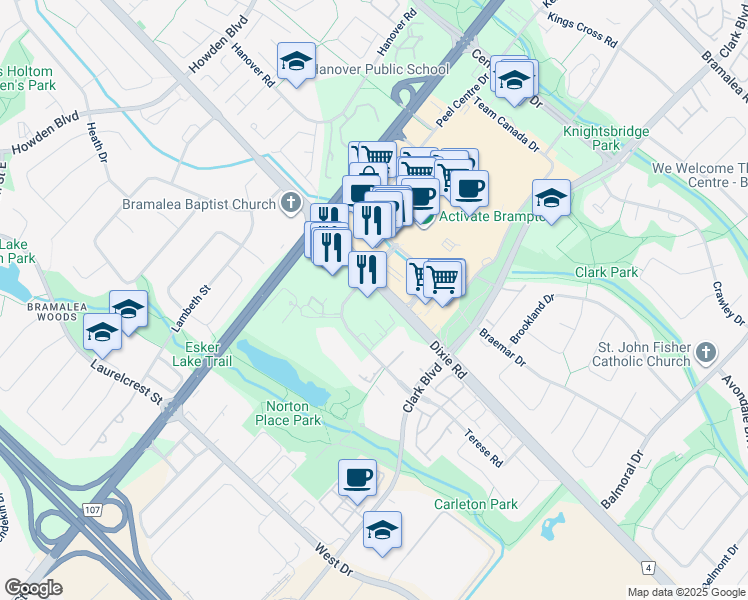 map of restaurants, bars, coffee shops, grocery stores, and more near 11 Lisa Street in Brampton