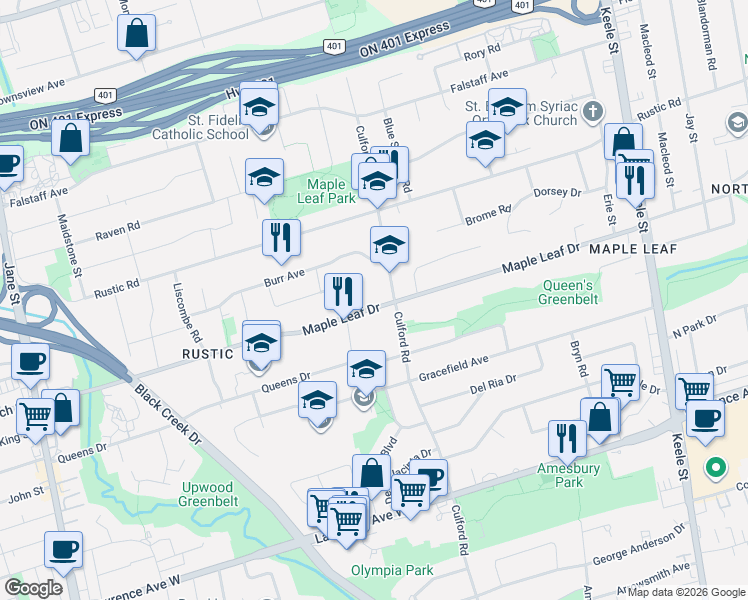 map of restaurants, bars, coffee shops, grocery stores, and more near 284 Maple Leaf Drive in Toronto