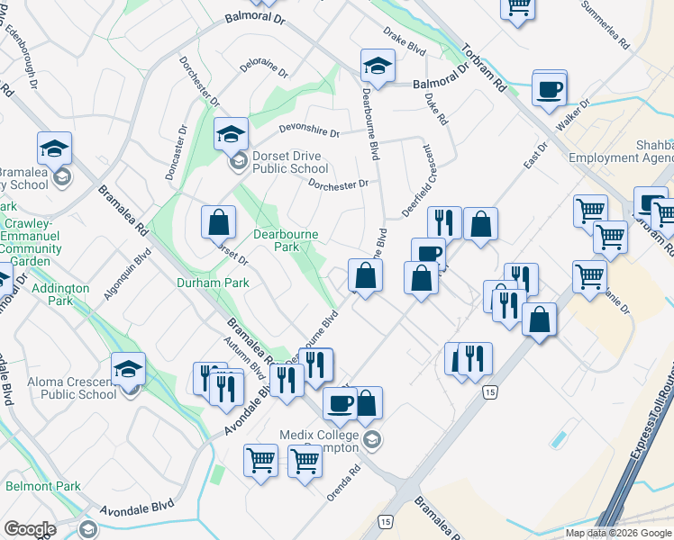 map of restaurants, bars, coffee shops, grocery stores, and more near 46 Dearbourne Boulevard in Brampton