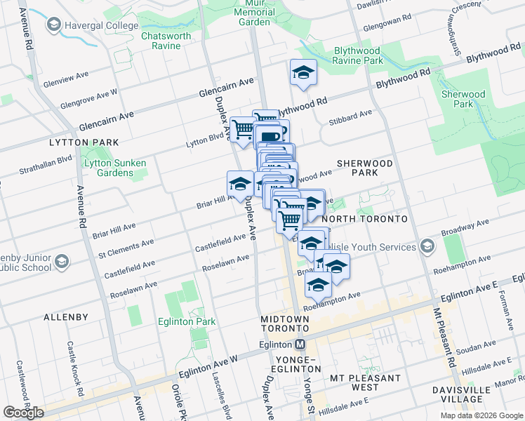 map of restaurants, bars, coffee shops, grocery stores, and more near 21 Saint Clements Avenue in Toronto