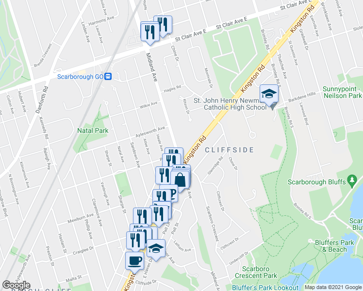 map of restaurants, bars, coffee shops, grocery stores, and more near 2550 Kingston Road in Toronto