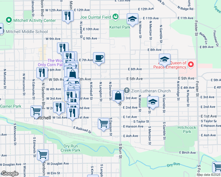 map of restaurants, bars, coffee shops, grocery stores, and more near 501 East 4th Avenue in Mitchell