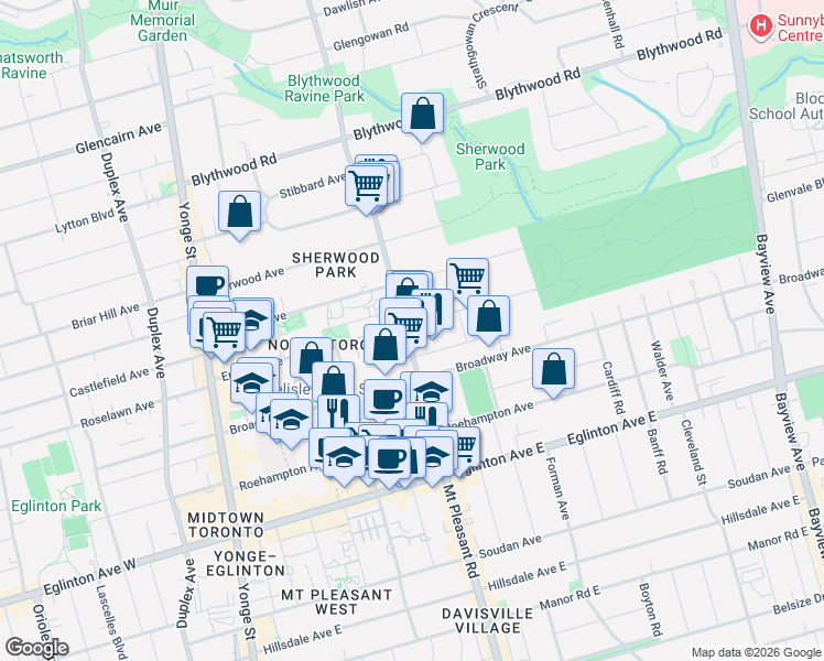 map of restaurants, bars, coffee shops, grocery stores, and more near 953 Mount Pleasant Road in Toronto