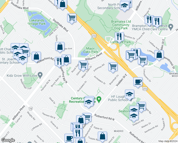 map of restaurants, bars, coffee shops, grocery stores, and more near 55 Major Oaks Drive in Brampton
