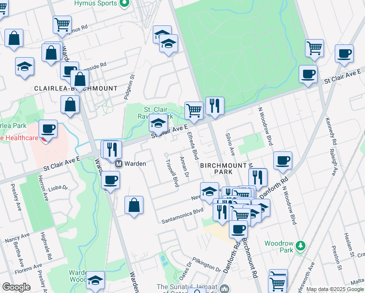 map of restaurants, bars, coffee shops, grocery stores, and more near in Toronto