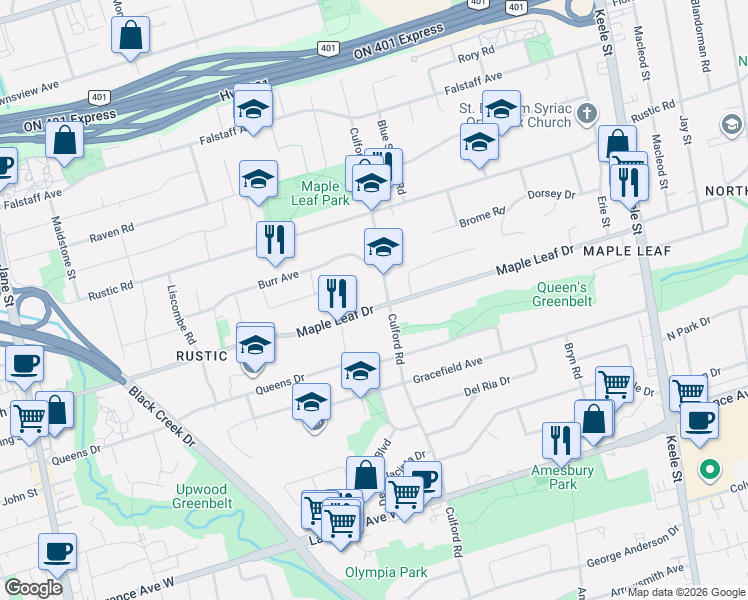 map of restaurants, bars, coffee shops, grocery stores, and more near 288 Maple Leaf Drive in Toronto