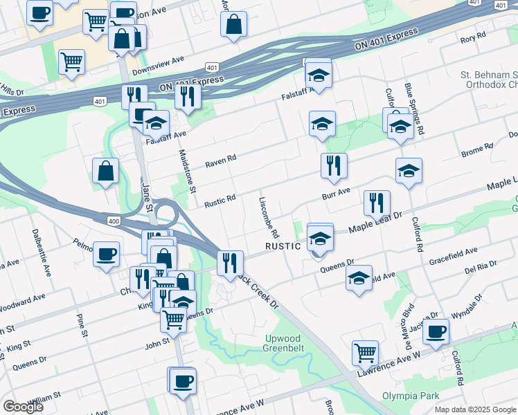 map of restaurants, bars, coffee shops, grocery stores, and more near in Toronto