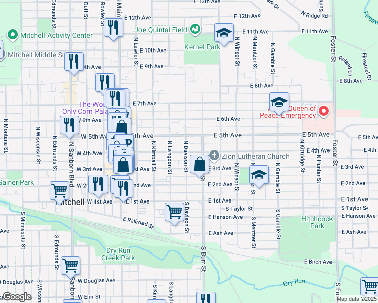 map of restaurants, bars, coffee shops, grocery stores, and more near 516 East 4th Avenue in Mitchell
