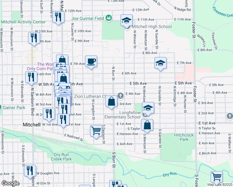 map of restaurants, bars, coffee shops, grocery stores, and more near 608 East 4th Avenue in Mitchell