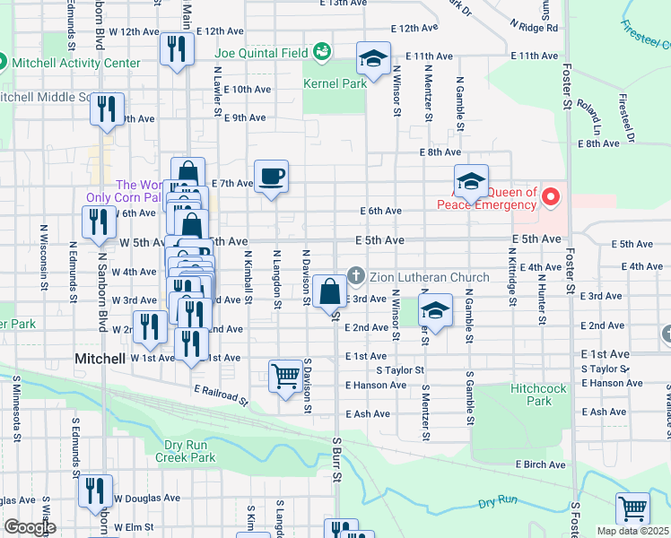 map of restaurants, bars, coffee shops, grocery stores, and more near 600 East 4th Avenue in Mitchell